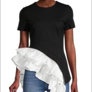 Chelsea & Theodore Gray With White Ruffles Asymmetrical Top. Size M